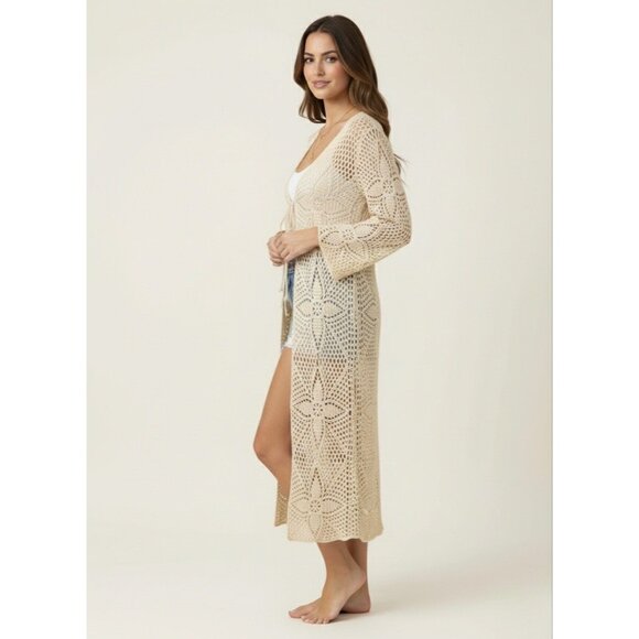 Vintage 90s Crochet Tie Front Cardigan: Boho Long Duster Sweater Coastal Grandma - Picture 7 of 16